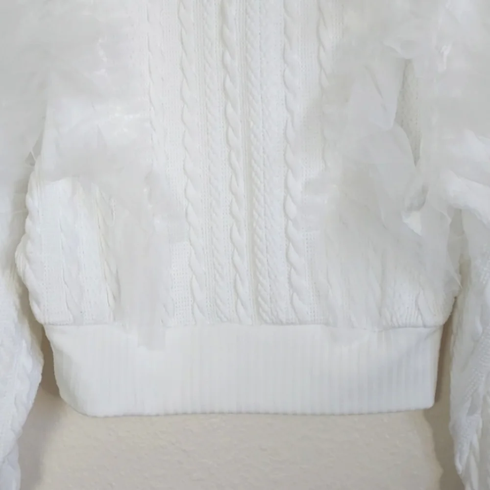 Free People Showstopper Ruffled Tulle Cable Sweater in White Size Small